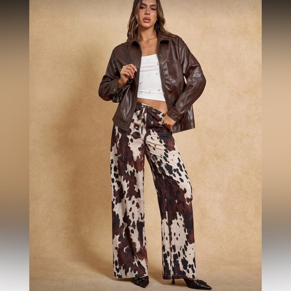 Wide-Leg Cow Print Pants - Brown & Cream - Picture 7 of 7